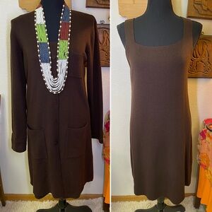 VTG DKNY 100% Wool Two Piece Brown Cardigan Sweater & Tank Dress Set SMALL *READ